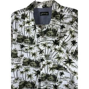 Orvis Shirt Mens Large Hawaiian Palm Short Sleeve Button Up Casual White Green